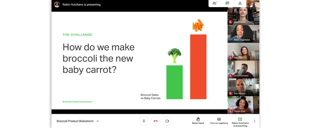 A Google Meet meeting with a slide presentation about broccoli and baby carrots.