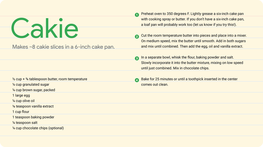 A recipe card for a cakie.