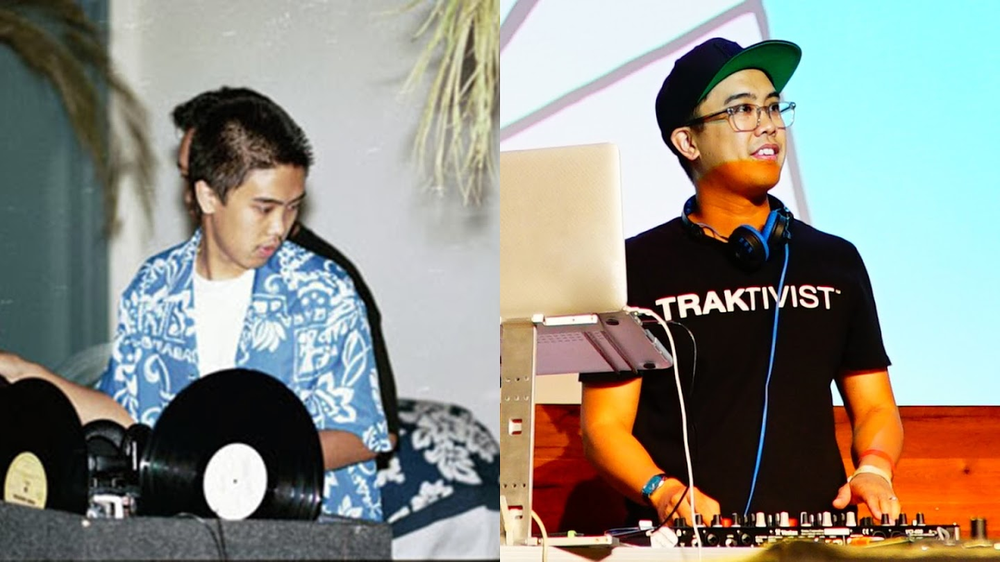 Photo shows two images side by side, one of Richie as a younger child DJing. The other shows him today, DJing.
