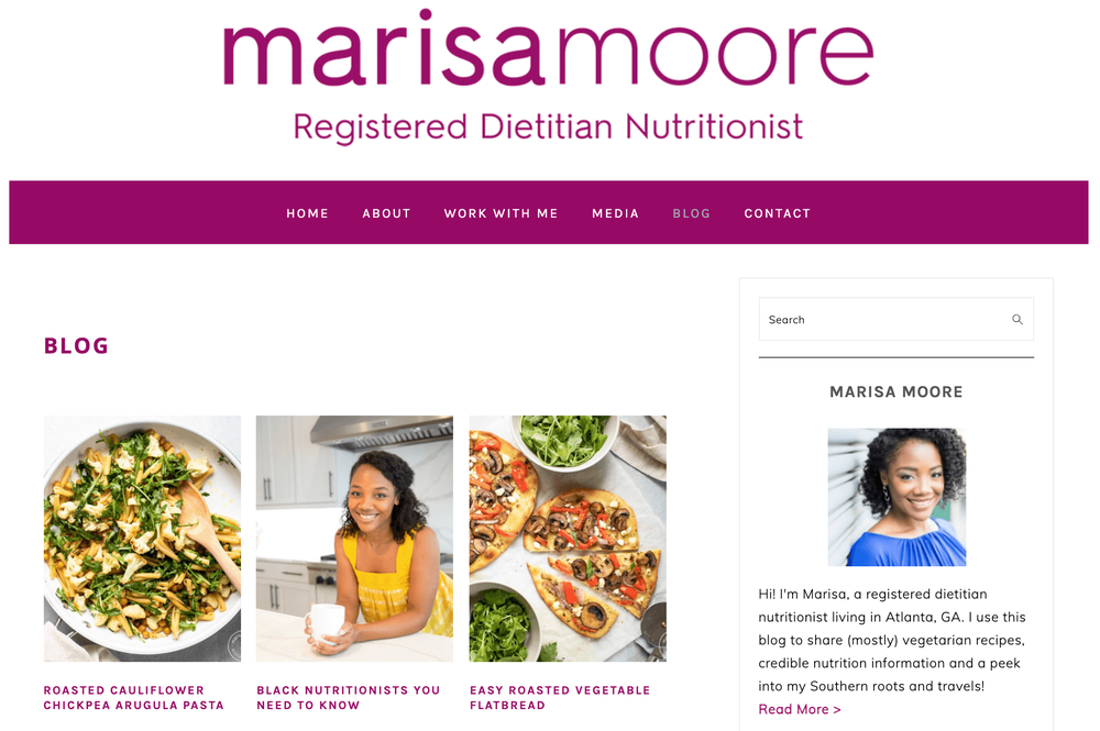 Marisa’s webpage with pictures of salad and pizza.