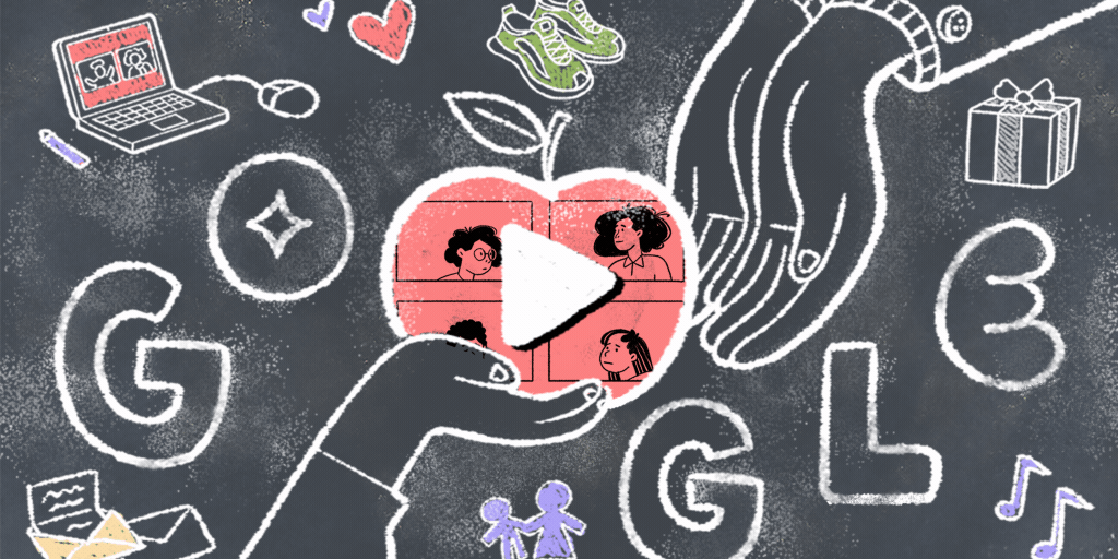 Homepage image of the US Teacher Appreciation Week Google Doodle, which is an interactive experience featuring 5 animated stories of gratitude for educators. This illustrated image depicts a student handing an apple to a teacher. Within the apple is a rotating carousel of images pertaining to the 5 stories in the Doodle experience.